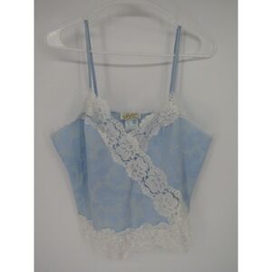 Shannon Lee Camisole Top Medium Blue Floral Lace Trim Vintage 90s Satin Lingerie